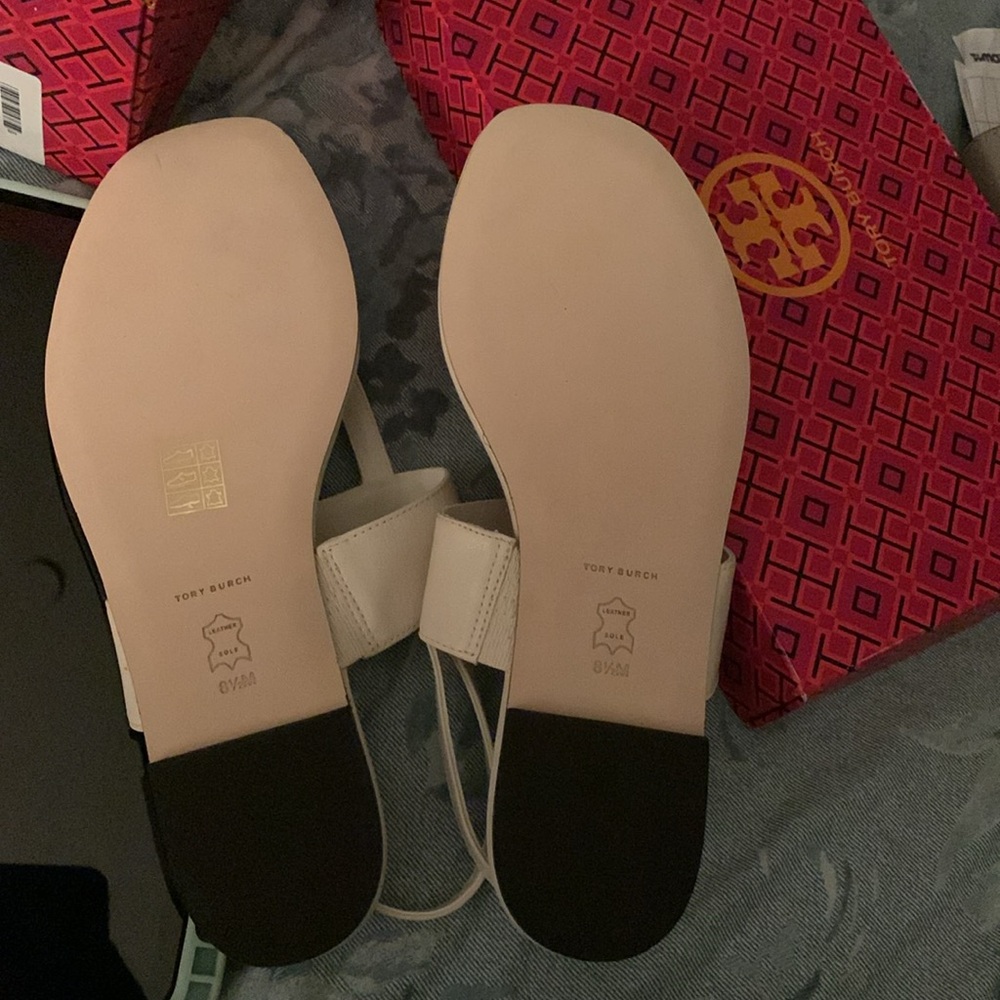 TORY BURCH Eleanor Thong Toe Logo Sandals GOAT LEATHER/Light cream size 8 - Picture 8 of 10